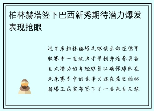 柏林赫塔签下巴西新秀期待潜力爆发表现抢眼