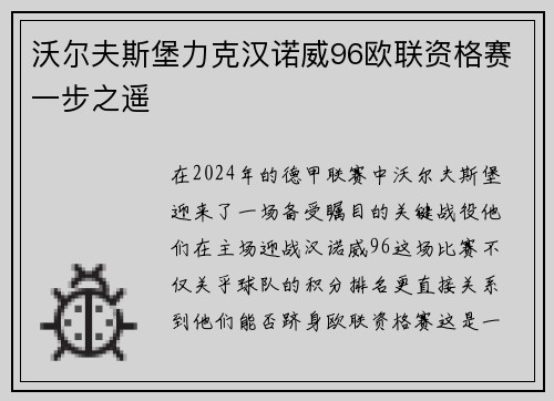 沃尔夫斯堡力克汉诺威96欧联资格赛一步之遥